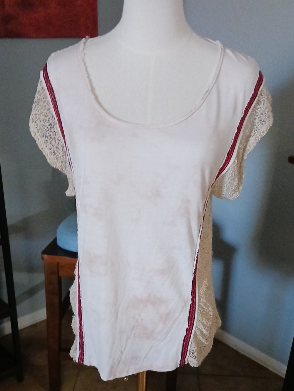 Free People "As If" Tee. Cream Scoop Neck Top with Red Trim And Crochet